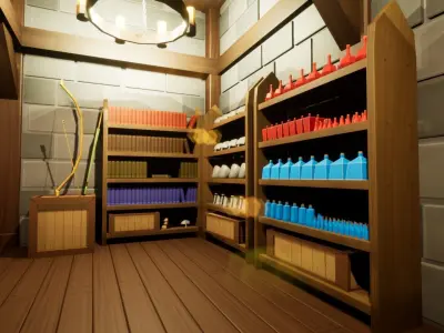 Low Poly Medieval Fantasy Merchant Shop Interior Low-poly 3D model