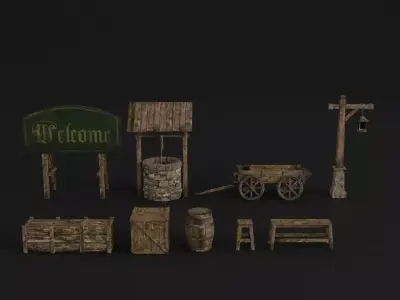 OLD MEDIEVAL PROPS ASSET AND GROUND TILEABLE Low-poly 3D model