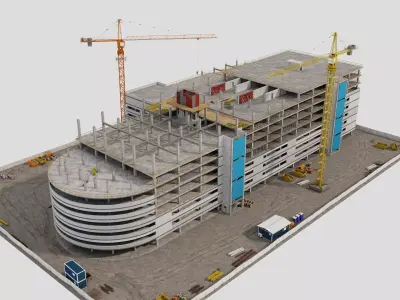 Construction Site with Building and Construction Vehicles low Low-poly 3D model