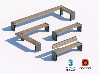 Modular Wood and Metal Bench Collection for Urban Areas 3D model