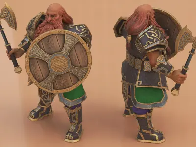  Dwarf Warrior with Axe and Shield Rigged 