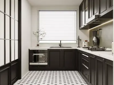 Modern Black and White Galley Kitchen 3D model