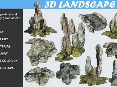 Low poly gray mossy big rock formular Low-poly 3D model