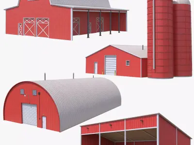 4 PBR Red Farm Buildings Collection 3D Model Pack