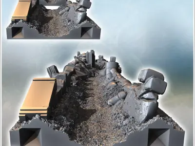 Barrier made of sandbags barrels and debris arranged along a def 3D print model