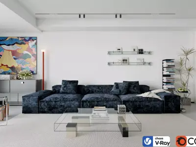 Contemporary Minimal Living Space With Open Kitchen 3D model