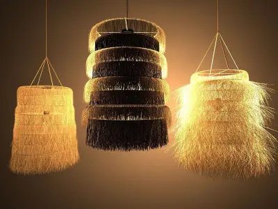 Three types of rattan and bamboo pendant lights 3D model
