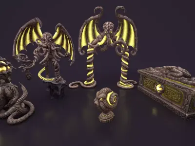 Ancient statues stone collection Low-poly 3D model