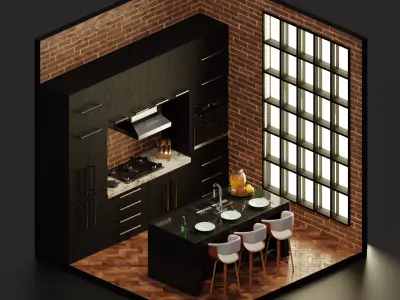 Isometric kitchen set Low-poly 3D model