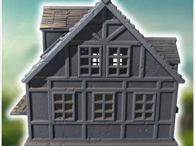 Large wooden house with dormer windows a stone staircase and vis 3D print model