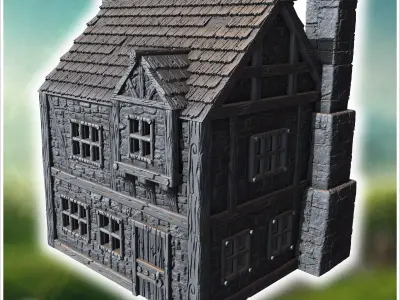 Two-story medieval house with wooden beams stone walls and a lar 3D print model