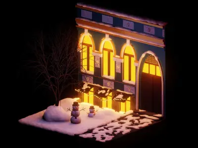 Night Snow Street City in Kiev Winter Light Scene Low-poly 3D model