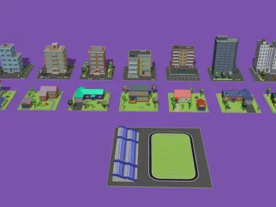 set of cartoon models of buildings Low-poly 3D model