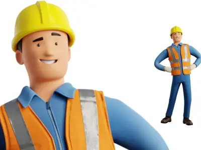 Male Cartoon Worker Builder Character Illustration Low-poly 3D model