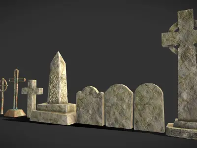 Tombstone collection group of gravestones and crosses Low-poly 3D model
