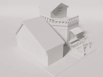 Little cafe and city WHITE TEXTURE Low-poly 3D model