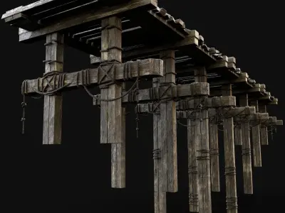 RAIL BRIDGE MEDIEVAL WOODEN PLATFORM CONSTRUCTION ENTERABLE Low-poly 3D model