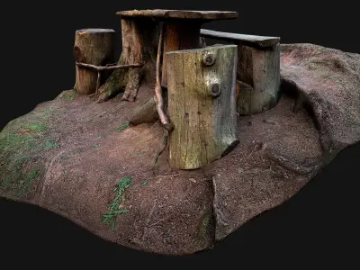 Medieval Wooden Bench and Table in the Mountains Low-poly 3D model