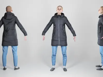 Young woman in a black down jacket in A-pose 165 Low-poly 3D model