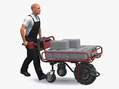  Worker with Filled Wheelbarrow Concrete Bricks 