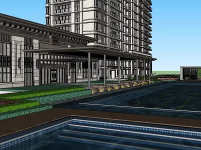 APARTMENT BUILDING RESIDENCE WITH POOL AREA 3D model