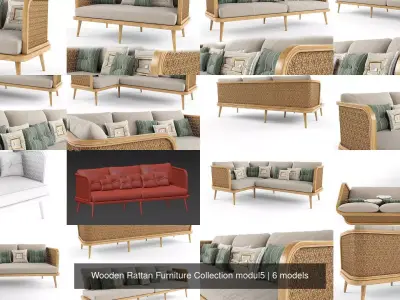 Wooden Rattan Furniture Collection modul 6 3D Model Pack