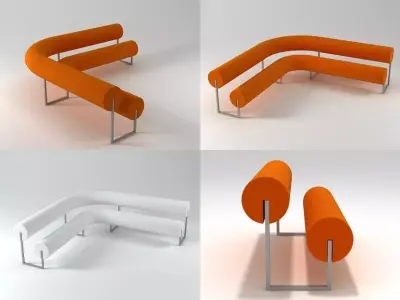 P four different orange curved benches 3D model