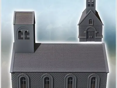 Brick church with multiple windows and a steeple 4 - Modern WW2  3D print model