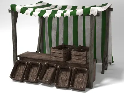 Medieval Market Stall Tent Green and White 3D Model with Crates Low-poly 3D model
