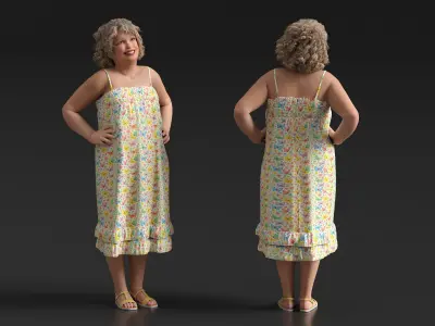  Obese Child Girl in Colorful Summer Dress Posed Smiled 