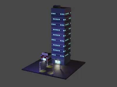 City center single building and shop at night  Free low-poly 3D model