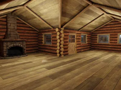 Medium Log Cabin with Interior Fireplace Doors and Windows Low-poly 3D model