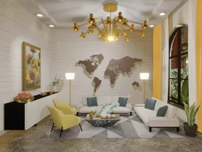 Livingroom living room with furniture and world map 3D model
