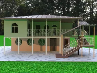 house with stairs and grass 3D model
