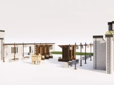 Modular Chinese Japanese Archway Lantern and Bench Set 3D model