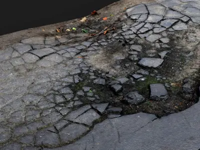 road destroyed asphalt cracked debris PBR photogrammetry 3D model