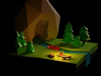 Low Poly Forest camping with campfire and trees Free 3D model
