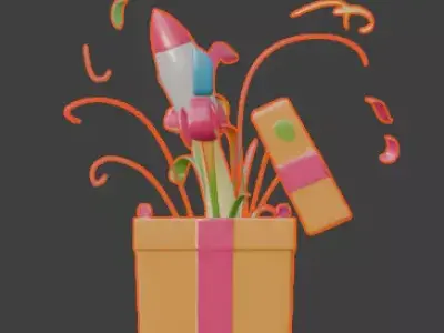 Stylized Cartoon Gift Box with Fireworks Rocket 3D Model Low-poly 3D model