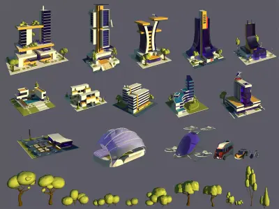 Low Poly Futuristic City Pack Buildings  Vehicles Trees  Low-poly 3D model
