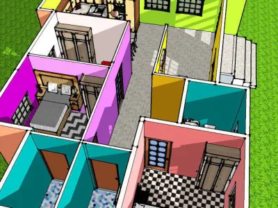 Interior room with bed and checkered floor 3D model