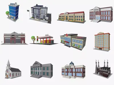 Cartoon City Buildings Pack Low-poly 3D model