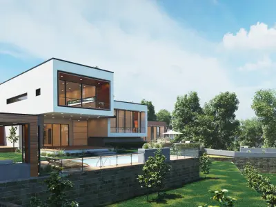 Modern house 3D scene environment with forest surrounded 3D model