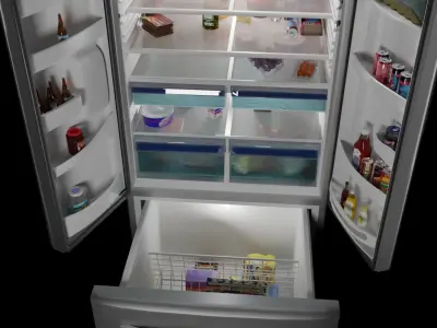 A modern three door refrigerator full of food  3D model