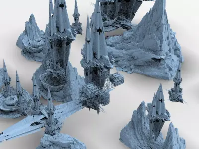 Core crystal Shard Bridge Buildings Full Kitbash 3D model
