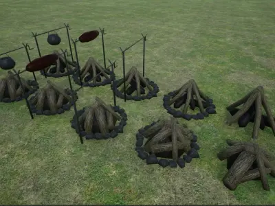 Lowpoly Campfires fire pit in middle of grassy field Low-poly 3D model