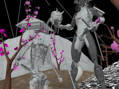 CyberRonin two skeletons in field with flowers 3D model