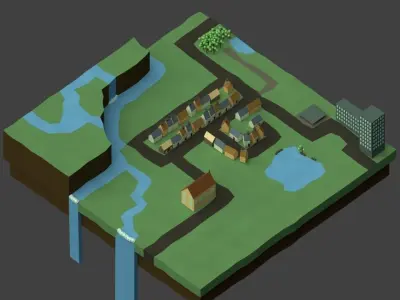 Low-Poly Town city with river and houses Low-poly 3D model