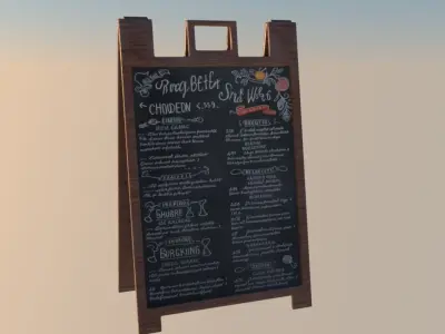 Wooden menu sign with Chalk board for a cafe 3D model Low-Poly Low-poly 3D model