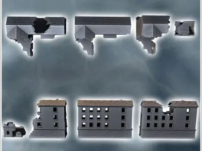 Set of three modern ruined buildings with central arch and stone 3D print model