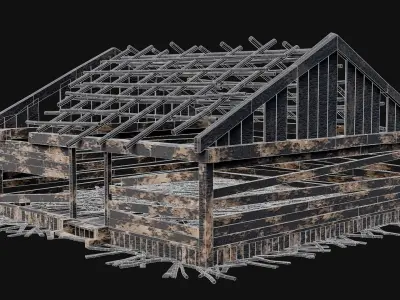 BURNED WOODEN HOUSES RUIN DESTROYED COTTAGE OLD COLLECTION Low-poly 3D model